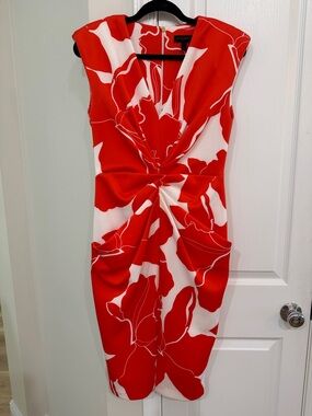 Donna Karan Orange and White Floral Twist-Front Midi Dress
